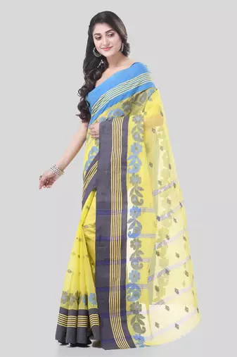 Yellow Woven Cotton Floral Handloom-Sarees Without Blouse Piece