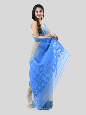 Grey Woven Cotton Floral Handloom Jamdani Sarees Without Blouse Piece 5