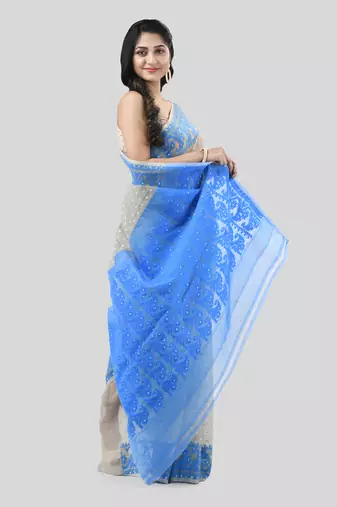 Grey Woven Cotton Floral Handloom Jamdani Sarees Without Blouse Piece