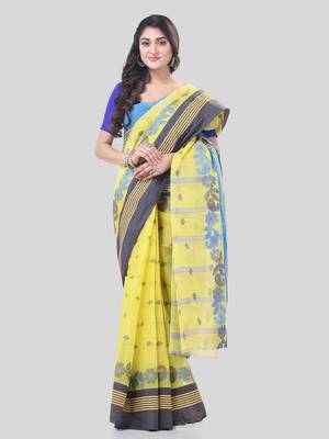 Yellow Woven Cotton Floral Handloom-Sarees Without Blouse Piece 5