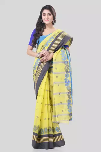 Yellow Woven Cotton Floral Handloom-Sarees Without Blouse Piece