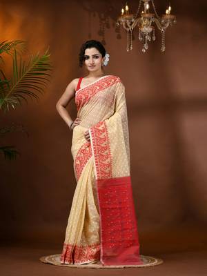 Cream Woven Cotton Floral Handloom Jamdani Sarees Without Blouse Piece 1