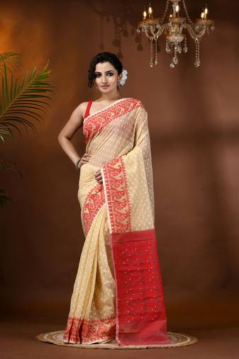 Cream Woven Cotton Floral Handloom Jamdani Sarees Without Blouse Piece