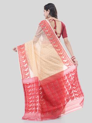 Cream Woven Cotton Floral Handloom Jamdani Sarees Without Blouse Piece 2