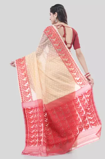 Cream Woven Cotton Floral Handloom Jamdani Sarees Without Blouse Piece