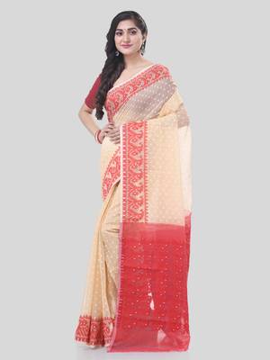 Cream Woven Cotton Floral Handloom Jamdani Sarees Without Blouse Piece 3