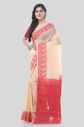 Cream Woven Cotton Floral Handloom Jamdani Sarees Without Blouse Piece