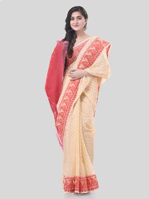 Cream Woven Cotton Floral Handloom Jamdani Sarees Without Blouse Piece 5