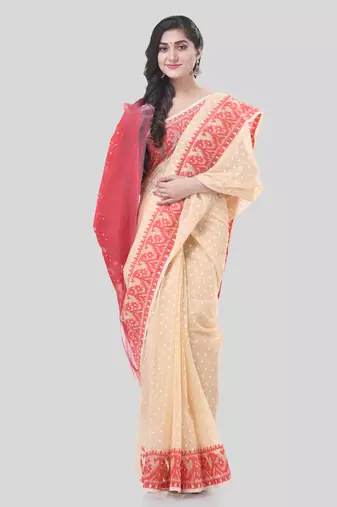 Cream Woven Cotton Floral Handloom Jamdani Sarees Without Blouse Piece