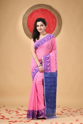 Pink Woven Cotton Floral Handloom Jamdnai Sarees Without Blouse Piece