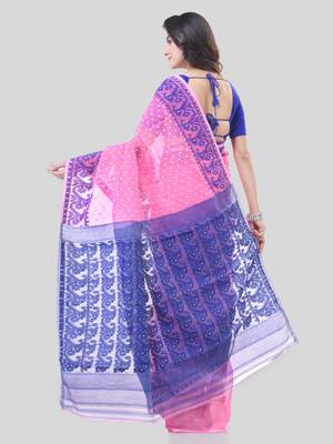Pink Woven Cotton Floral Handloom Jamdnai Sarees Without Blouse Piece 2
