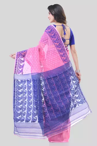 Pink Woven Cotton Floral Handloom Jamdnai Sarees Without Blouse Piece