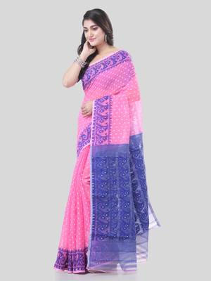 Pink Woven Cotton Floral Handloom Jamdnai Sarees Without Blouse Piece 3