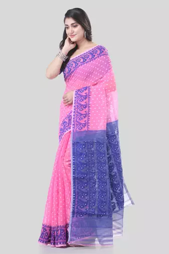 Pink Woven Cotton Floral Handloom Jamdnai Sarees Without Blouse Piece