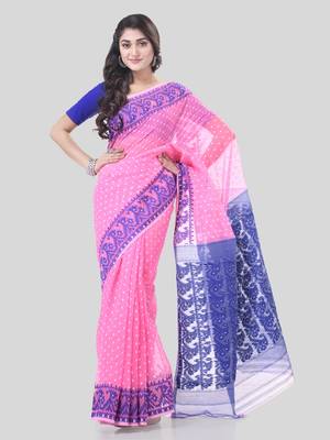 Pink Woven Cotton Floral Handloom Jamdnai Sarees Without Blouse Piece 5