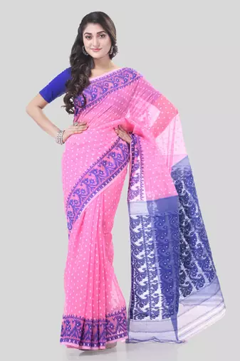 Pink Woven Cotton Floral Handloom Jamdnai Sarees Without Blouse Piece
