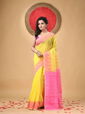 Yellow Woven Cotton Floral Handloom Jamdani Sarees Without Blouse Piece 1