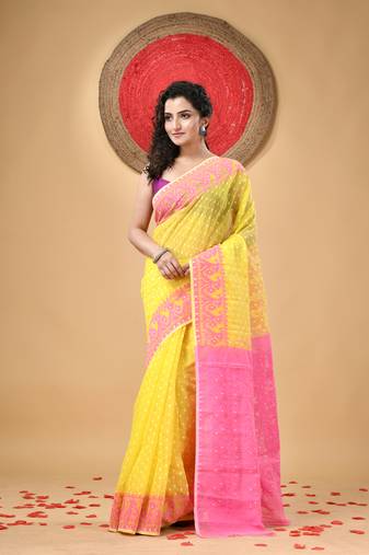 Yellow Woven Cotton Floral Handloom Jamdani Sarees Without Blouse Piece