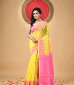 Yellow Woven Cotton Floral Handloom Jamdani Sarees Without Blouse Piece