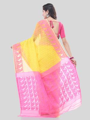 Yellow Woven Cotton Floral Handloom Jamdani Sarees Without Blouse Piece 2