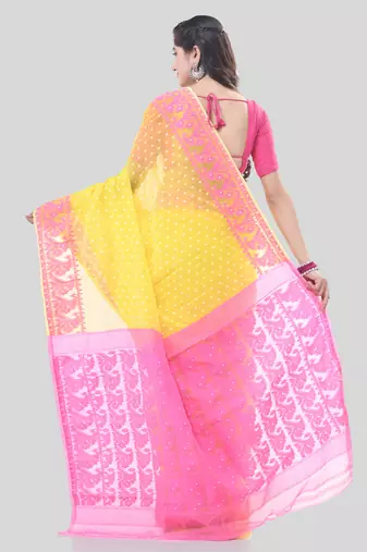Yellow Woven Cotton Floral Handloom Jamdani Sarees Without Blouse Piece