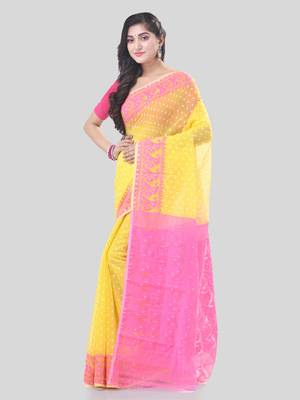 Yellow Woven Cotton Floral Handloom Jamdani Sarees Without Blouse Piece 3