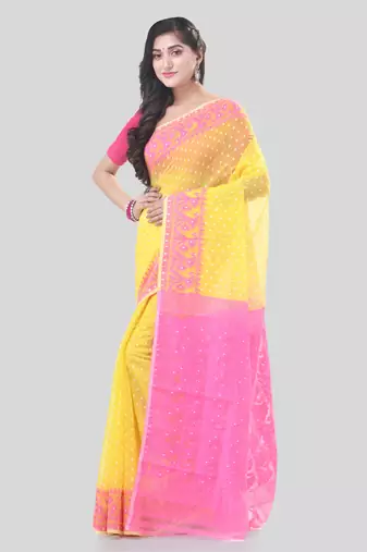 Yellow Woven Cotton Floral Handloom Jamdani Sarees Without Blouse Piece