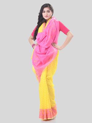 Yellow Woven Cotton Floral Handloom Jamdani Sarees Without Blouse Piece 5