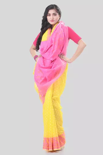 Yellow Woven Cotton Floral Handloom Jamdani Sarees Without Blouse Piece