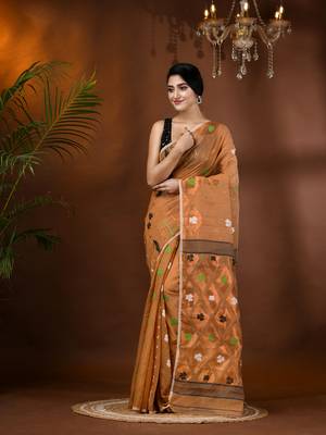 Gold Woven Cotton Self Design Handloom Jamdani Sarees Without Blouse Piece 1