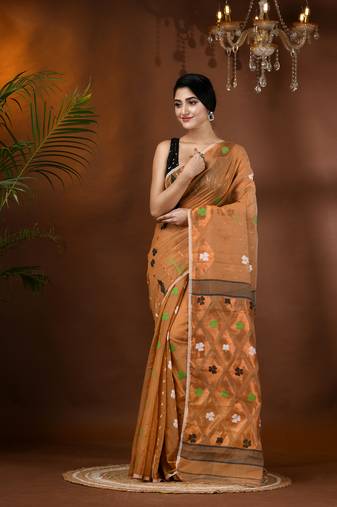 Gold Woven Cotton Self Design Handloom Jamdani Sarees Without Blouse Piece