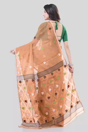 Gold Woven Cotton Self Design Handloom Jamdani Sarees Without Blouse Piece