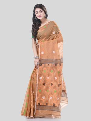 Gold Woven Cotton Self Design Handloom Jamdani Sarees Without Blouse Piece 3