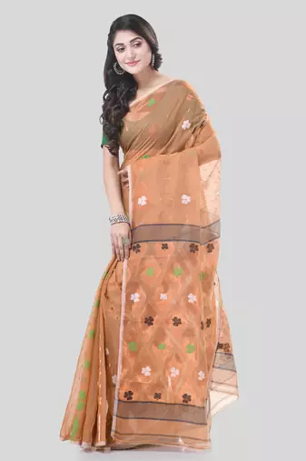Gold Woven Cotton Self Design Handloom Jamdani Sarees Without Blouse Piece