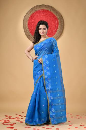 Blue Woven Cotton Floral Handloom-Sarees Without Blouse Piece
