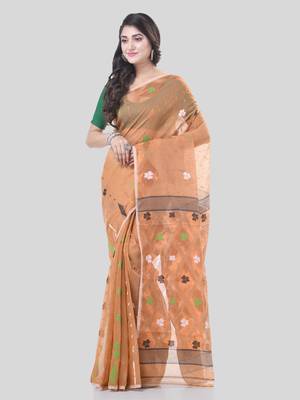 Gold Woven Cotton Self Design Handloom Jamdani Sarees Without Blouse Piece 5