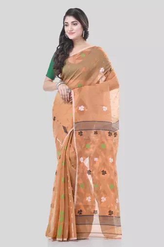 Gold Woven Cotton Self Design Handloom Jamdani Sarees Without Blouse Piece