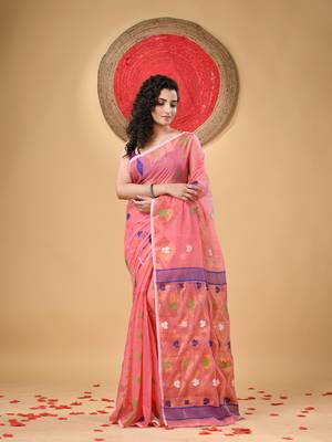 Pink Woven Cotton Self Design Handloom Jamdani Sarees Without Blouse Piece 1