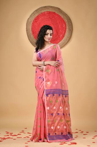 Pink Woven Cotton Self Design Handloom Jamdani Sarees Without Blouse Piece