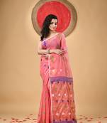 Pink Woven Cotton Self Design Handloom Jamdani Sarees Without Blouse Piece