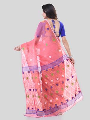 Pink Woven Cotton Self Design Handloom Jamdani Sarees Without Blouse Piece 2