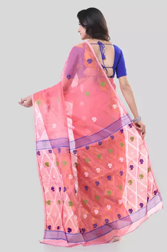 Pink Woven Cotton Self Design Handloom Jamdani Sarees Without Blouse Piece