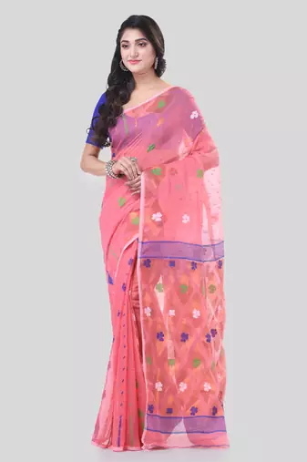 Pink Woven Cotton Self Design Handloom Jamdani Sarees Without Blouse Piece