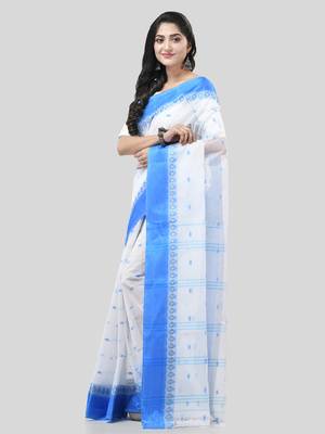 Blue Woven Cotton Floral Handloom-Sarees Without Blouse Piece 3