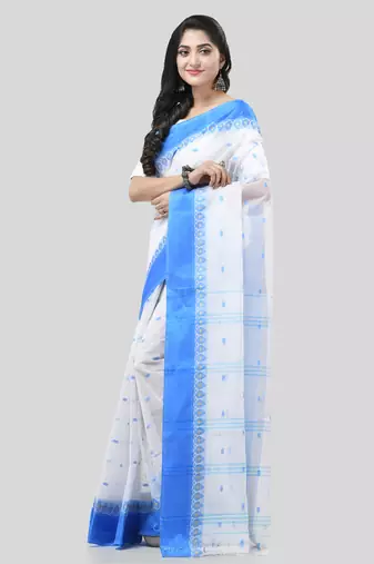 Blue Woven Cotton Floral Handloom-Sarees Without Blouse Piece