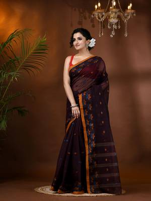 Brown Woven Cotton Floral Handloom-Sarees Without Blouse Piece 1