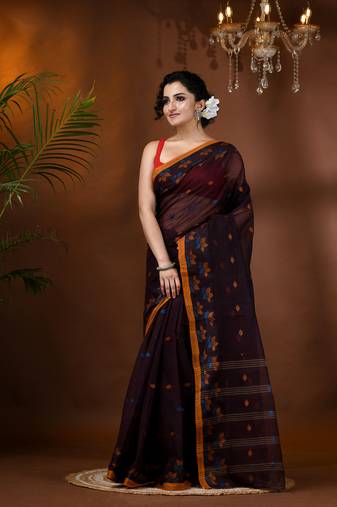 Brown Woven Cotton Floral Handloom-Sarees Without Blouse Piece