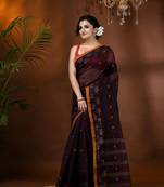 Brown Woven Cotton Floral Handloom-Sarees Without Blouse Piece