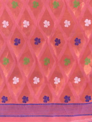 Pink Woven Cotton Self Design Handloom Jamdani Sarees Without Blouse Piece 4