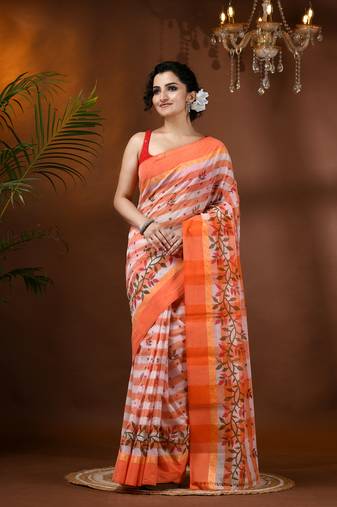 Orange Woven Cotton Floral Handloom-Sarees Without Blouse Piece